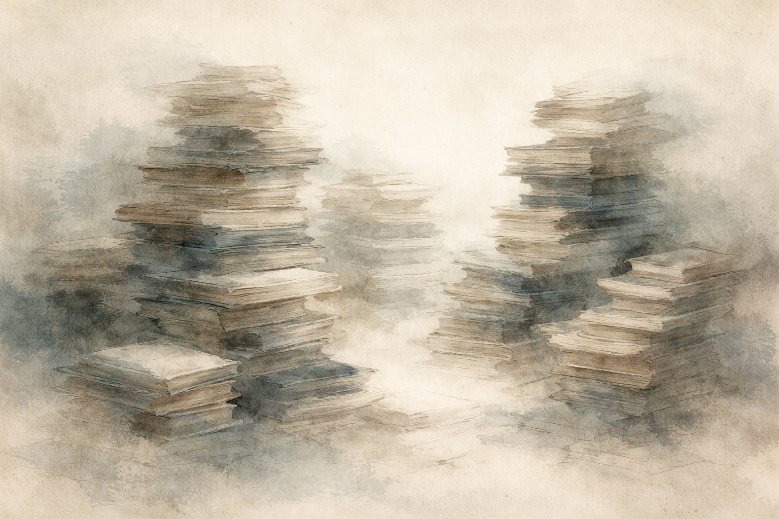Tall stacks of papers rising in a hazy space, suggesting the accumulated weight of resistance and rejection in the mind, symbolizing how aversion builds layer upon layer through repeated reactions.