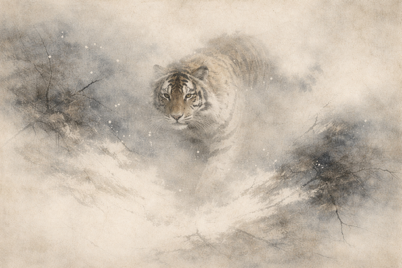 Tiger emerging through quiet mist in a minimalist landscape, symbolizing the hidden conditions and unseen forces that shape experience in Buddhist teaching.