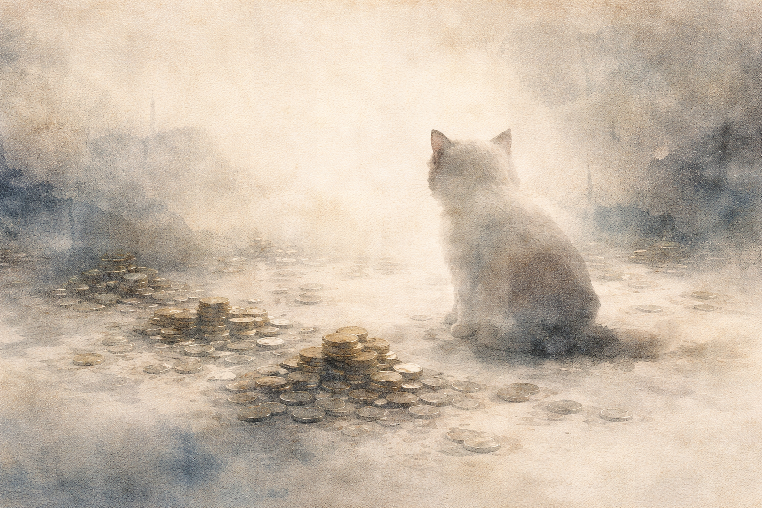 A quiet cat sitting among small piles of coins in a misty space, symbolizing how mental habits accumulate gradually through repetition, often forming unnoticed patterns that shape perception and behavior.