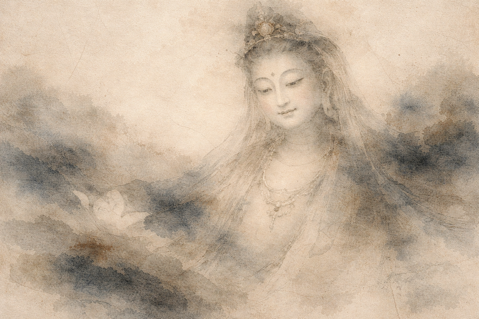 穏やかな表情で手を差し出す菩薩の姿を描いた水彩風イラスト。霧のような雲に包まれた静かな雰囲気が、思いやりや忍耐、日常の中の落ち着いた心を象徴している。