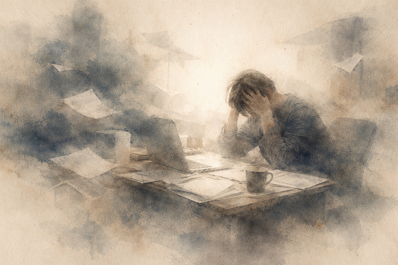 書類が舞い散る机の前で頭を抱える人物。行き過ぎた野心がプレッシャーや心の混乱へと変わる様子を表している。