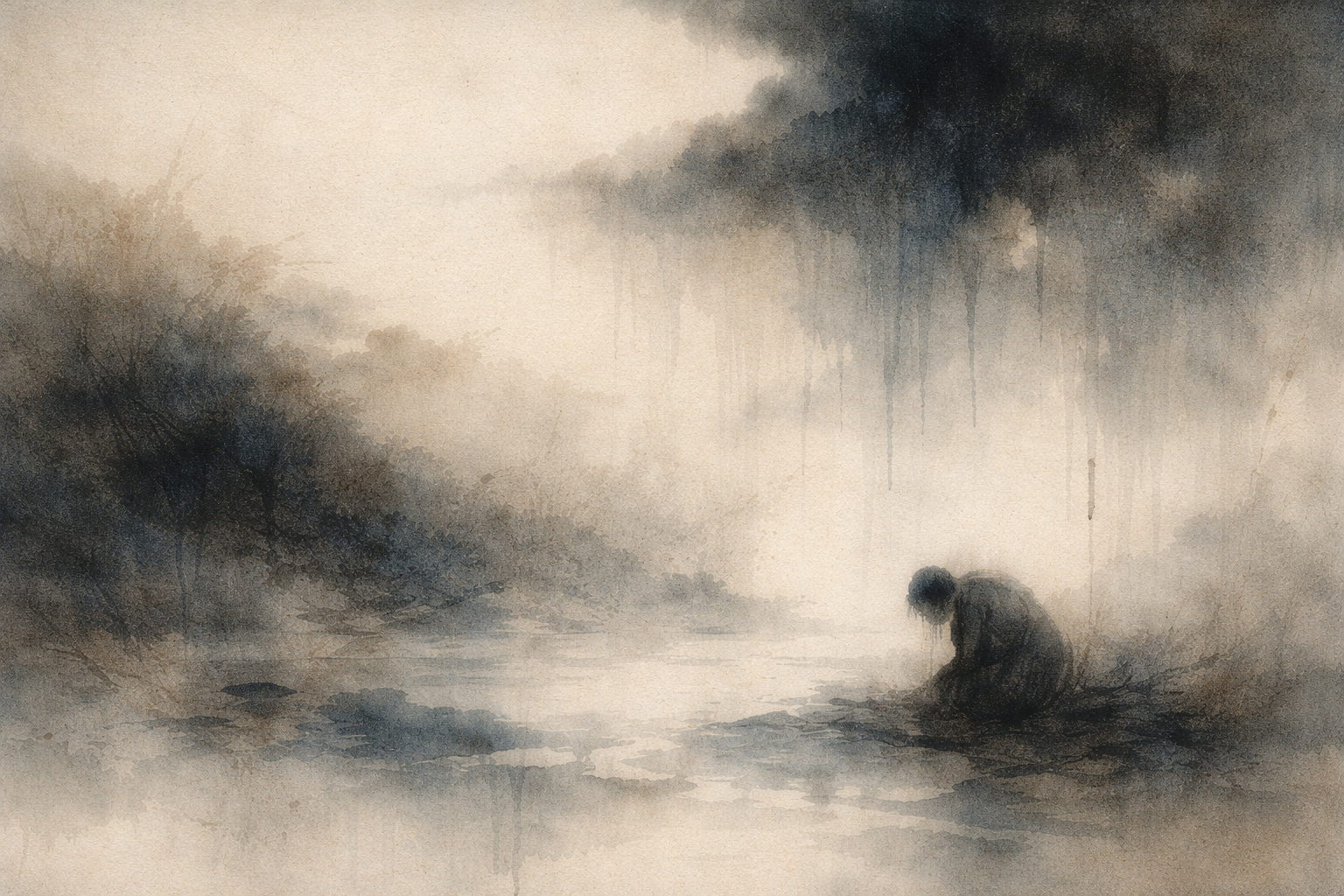 A lone figure kneels beside still water in a quiet, misty landscape—evoking mourning, contemplation, and the gentle acceptance of grief’s presence.