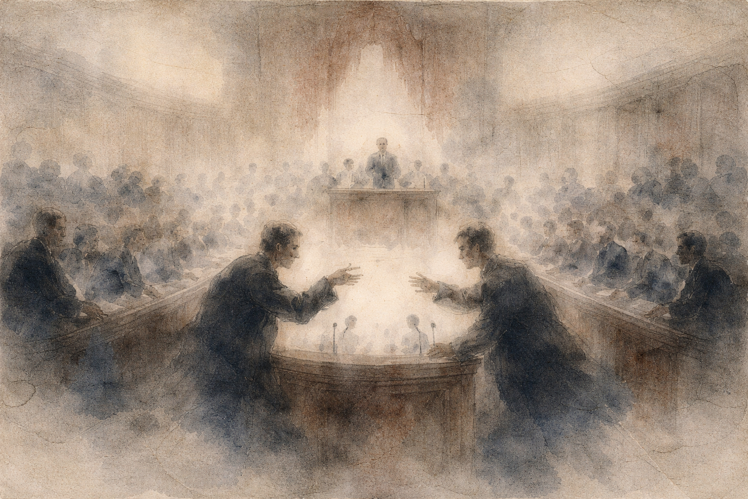 公の場で議論する二人の人物とそれを見守る人々。日常における真実を語ることの倫理的課題と、言葉の影響についての仏教的視点を象徴している。