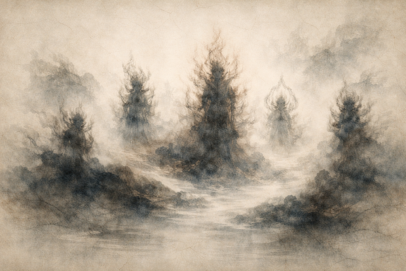 Shadowy figures emerging from drifting smoke, symbolizing how false speech can create distorted realities in the mind, multiplying confusion and obscuring clarity in daily life.