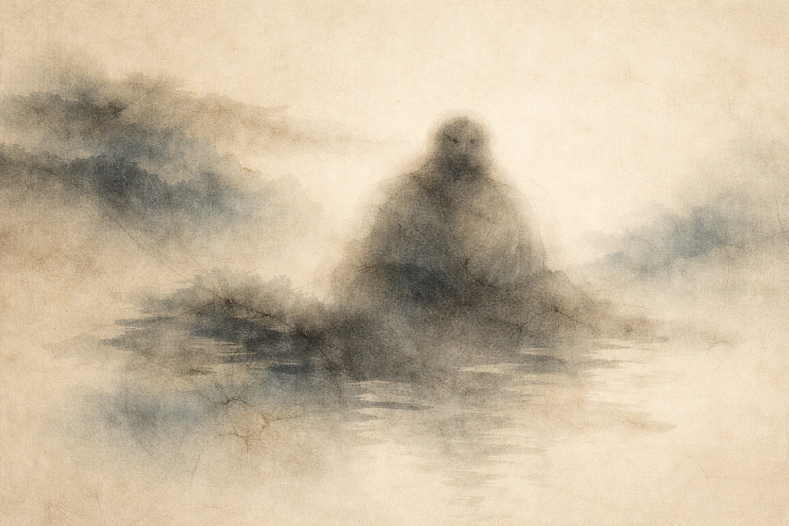 A solitary figure emerging softly from mist, symbolizing the blurred boundary between awareness and distraction, reflecting how attachment to constant stimulation—such as phone use—can obscure clarity of mind in Buddhist thought.