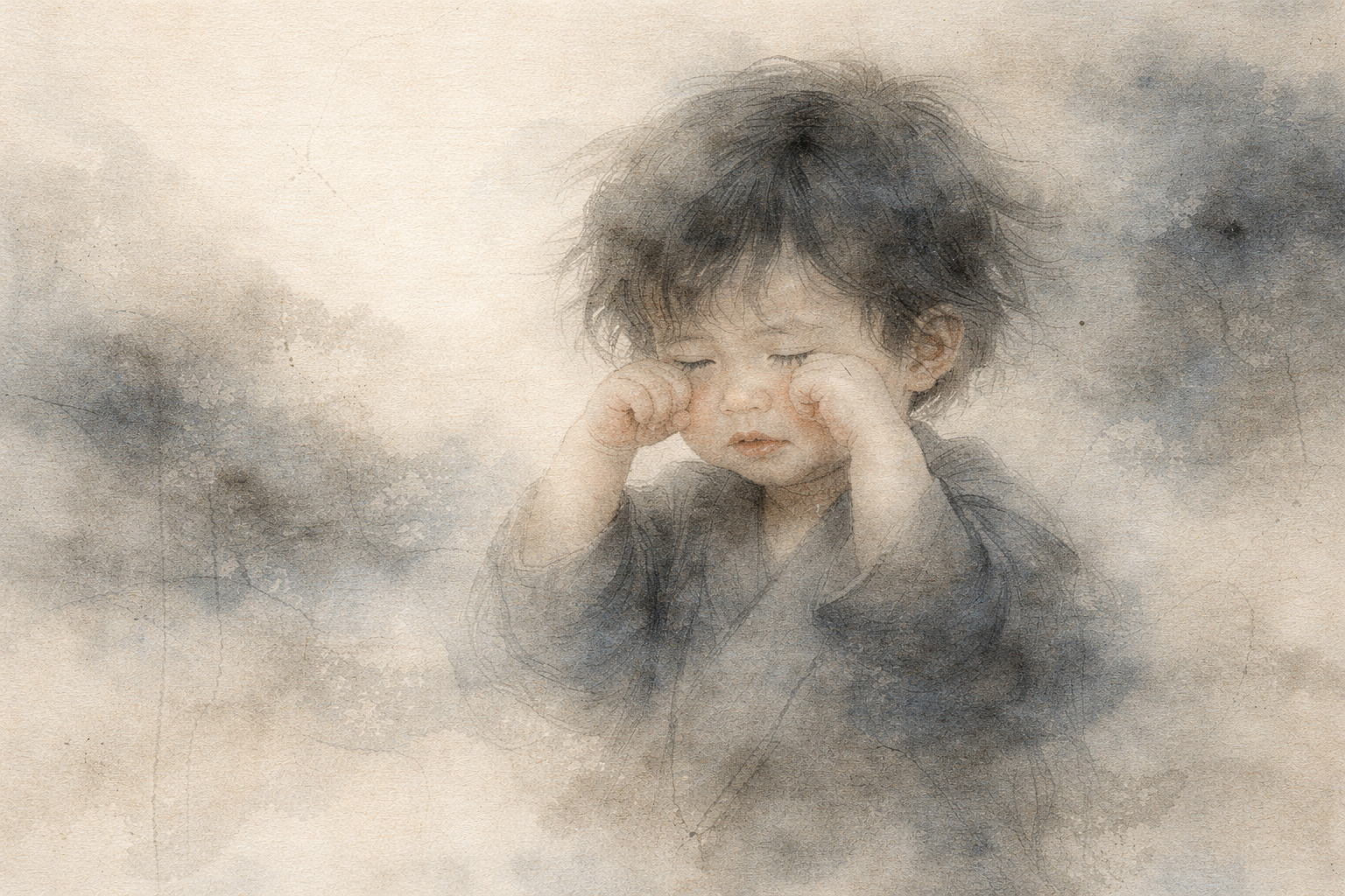 静かな霧の雰囲気の中で目をこする疲れた子どものやさしい姿。休息は自然で慈悲ある営みであるという仏教の理解を象徴している。