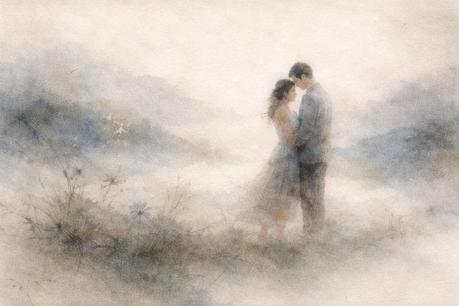 A couple standing close together in a soft, misty landscape, gently holding each other—evoking intimacy while hinting at the subtle impermanence within romantic attachment.
