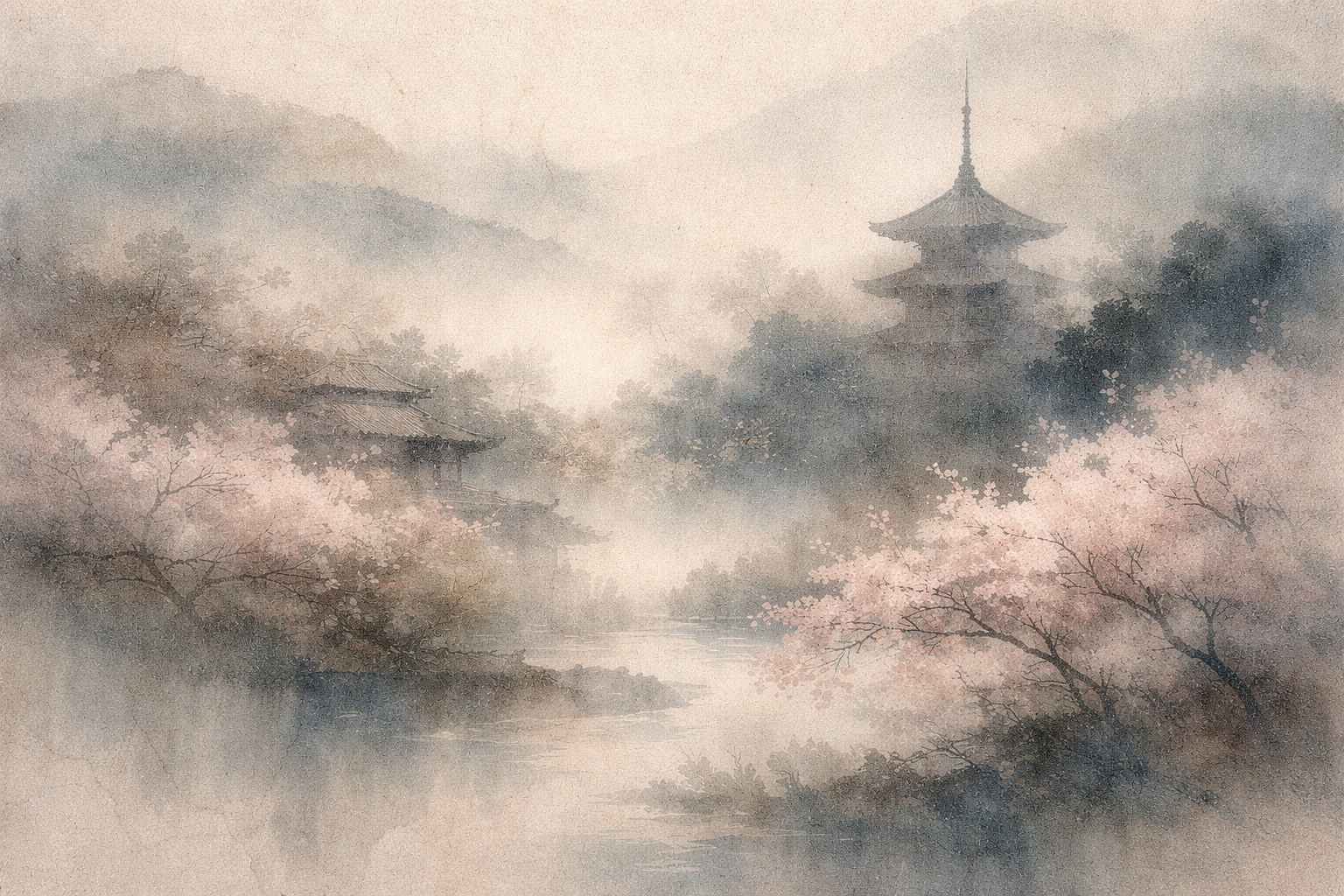 桜が咲く静かな風景の中、霧に包まれた寺院と五重塔が佇む水彩風の情景。穏やかな川とともに、自宅の仏壇に供えられる供物の美しさとシンプルさを象徴している。