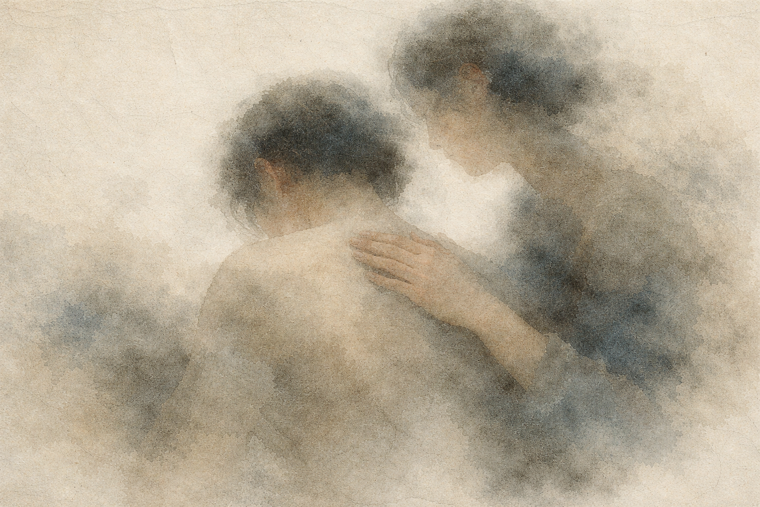 One person gently places a reassuring hand on another’s shoulder, conveying empathy, care, and emotional presence—the quiet expression of compassion within a relationship.