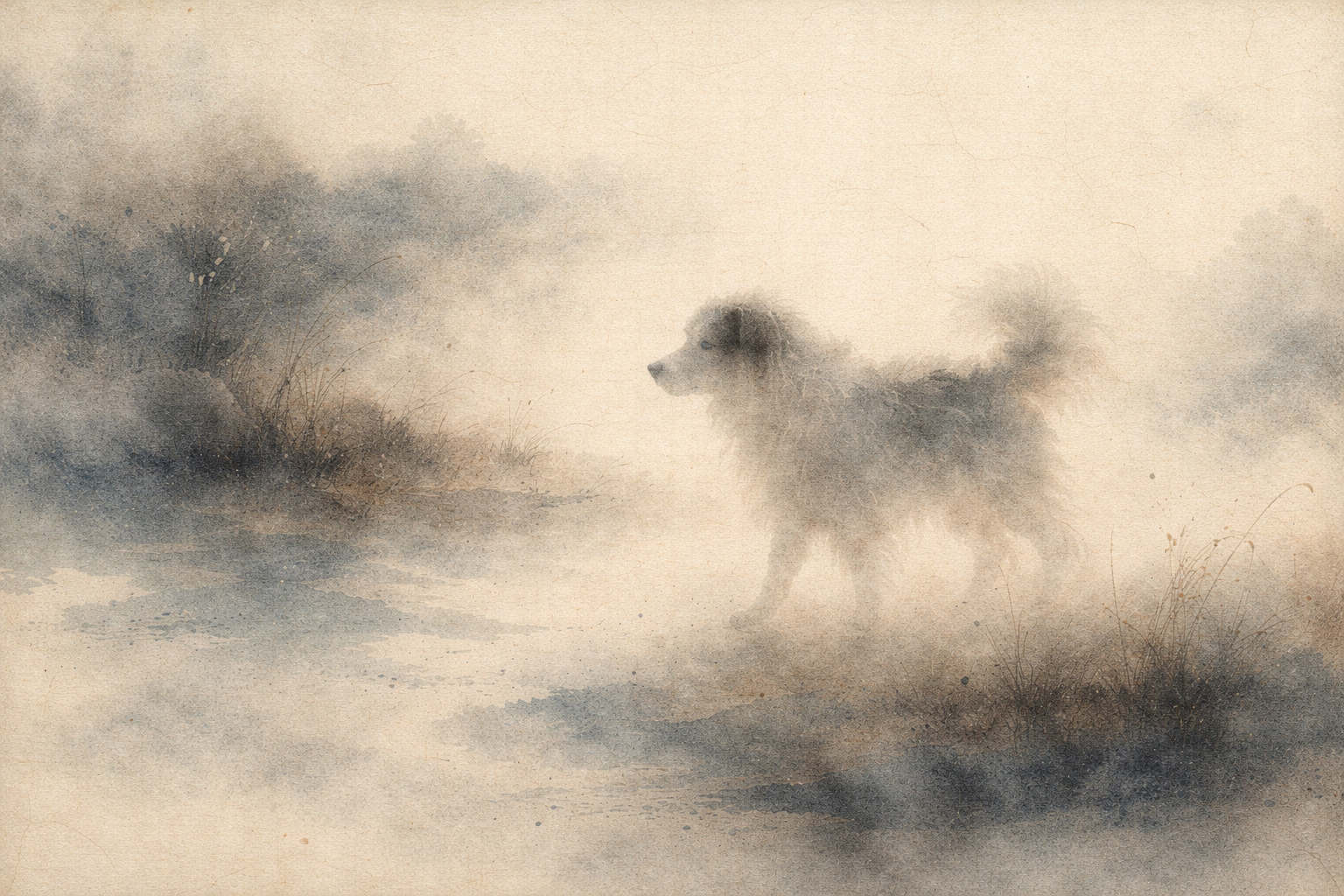 霧の中に溶け込むように立つ一匹の犬を描いた水彩風の風景。マントラ「オム・マニ・ペメ・フム」がもたらす内なる気づきと、静かに育まれる慈悲の心を象徴している。