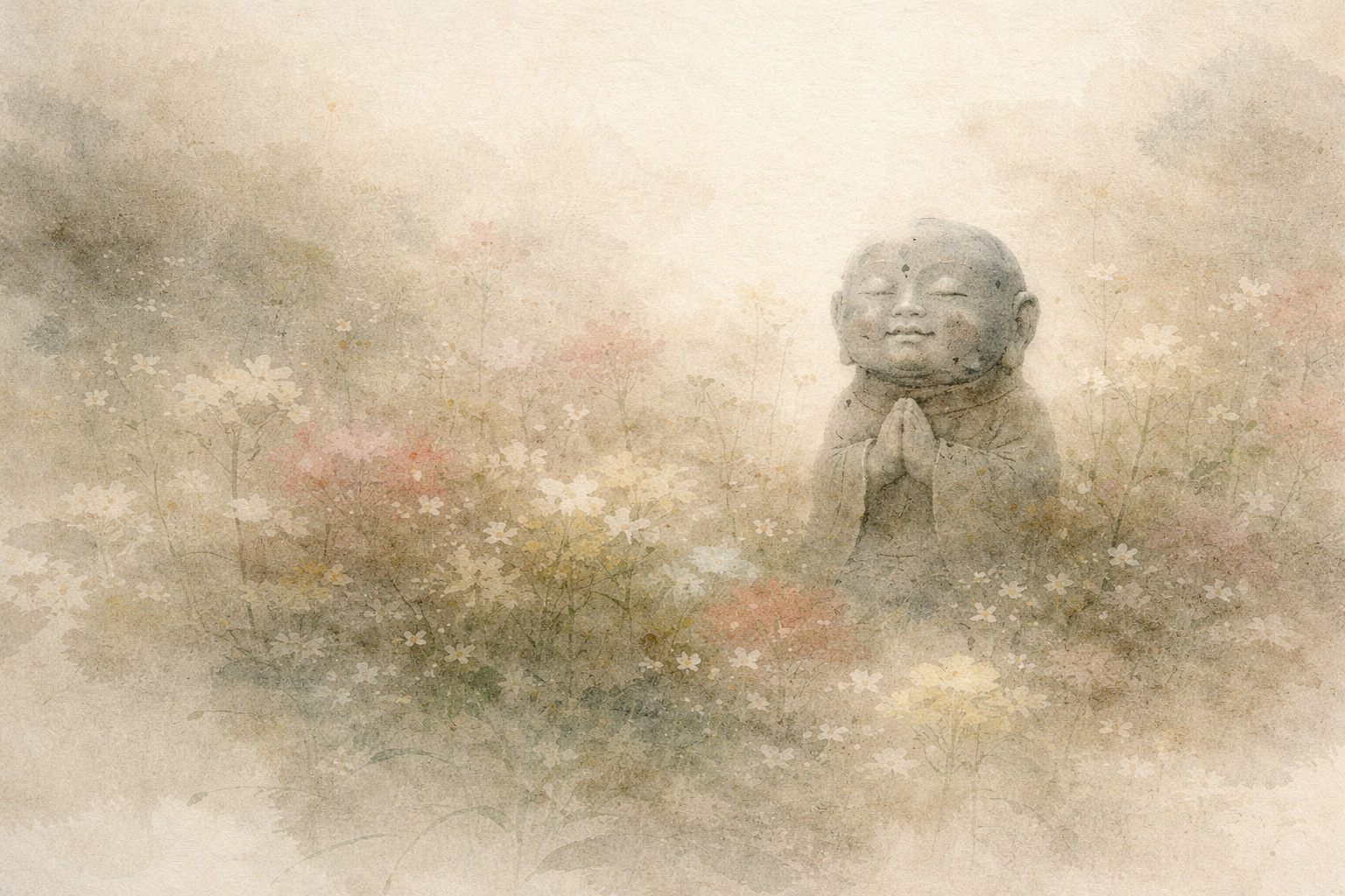A gentle watercolor image of a small statue with hands pressed together in gassho, surrounded by soft, blooming flowers, symbolizing humility, gratitude, and the quiet unity expressed through this simple gesture in Buddhism.