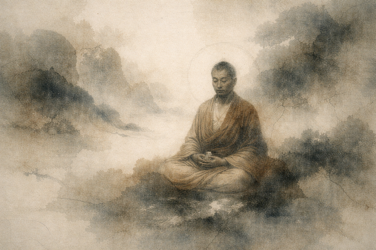 A soft watercolor-style illustration of a monk sitting in meditation within a misty landscape, hands gently resting in his lap, surrounded by quiet mountains and haze, symbolizing stillness, intention, and the inward nature of Buddhist prayer.