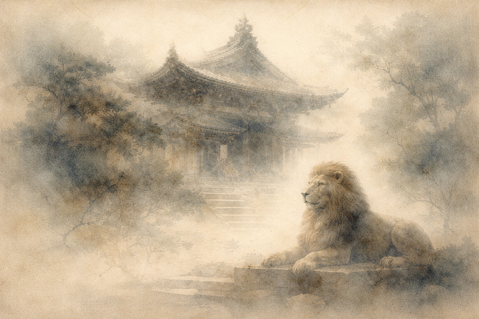 A calm lion resting before a traditional temple partially veiled in mist, symbolizing quiet confidence and inner trust, reflecting Jodo Shinshu’s emphasis on reliance on Amida Buddha’s compassion rather than personal spiritual struggle.