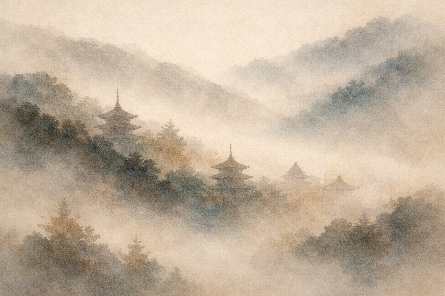 霧に包まれた山の風景の中に浮かび上がる複数の五重塔。静寂な雰囲気と多くの寺院、長い精神的伝統で知られる真言宗の聖地・高野山を象徴している。