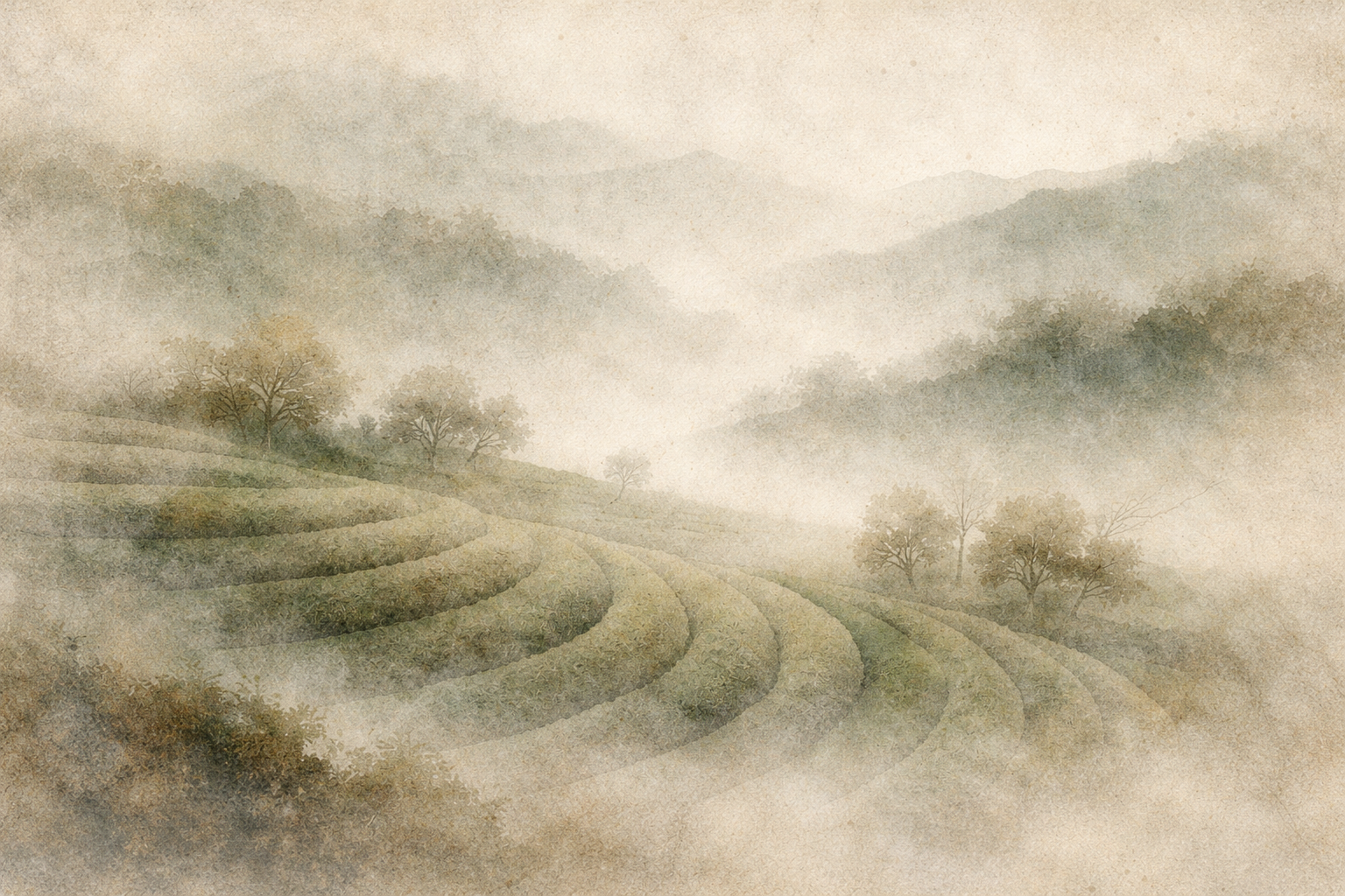 A misty, watercolor-style landscape of gently curving terraced fields fading into soft mountains, symbolizing the quiet repetition of Nembutsu and the gradual path toward inner peace through “Namu Amida Butsu.”