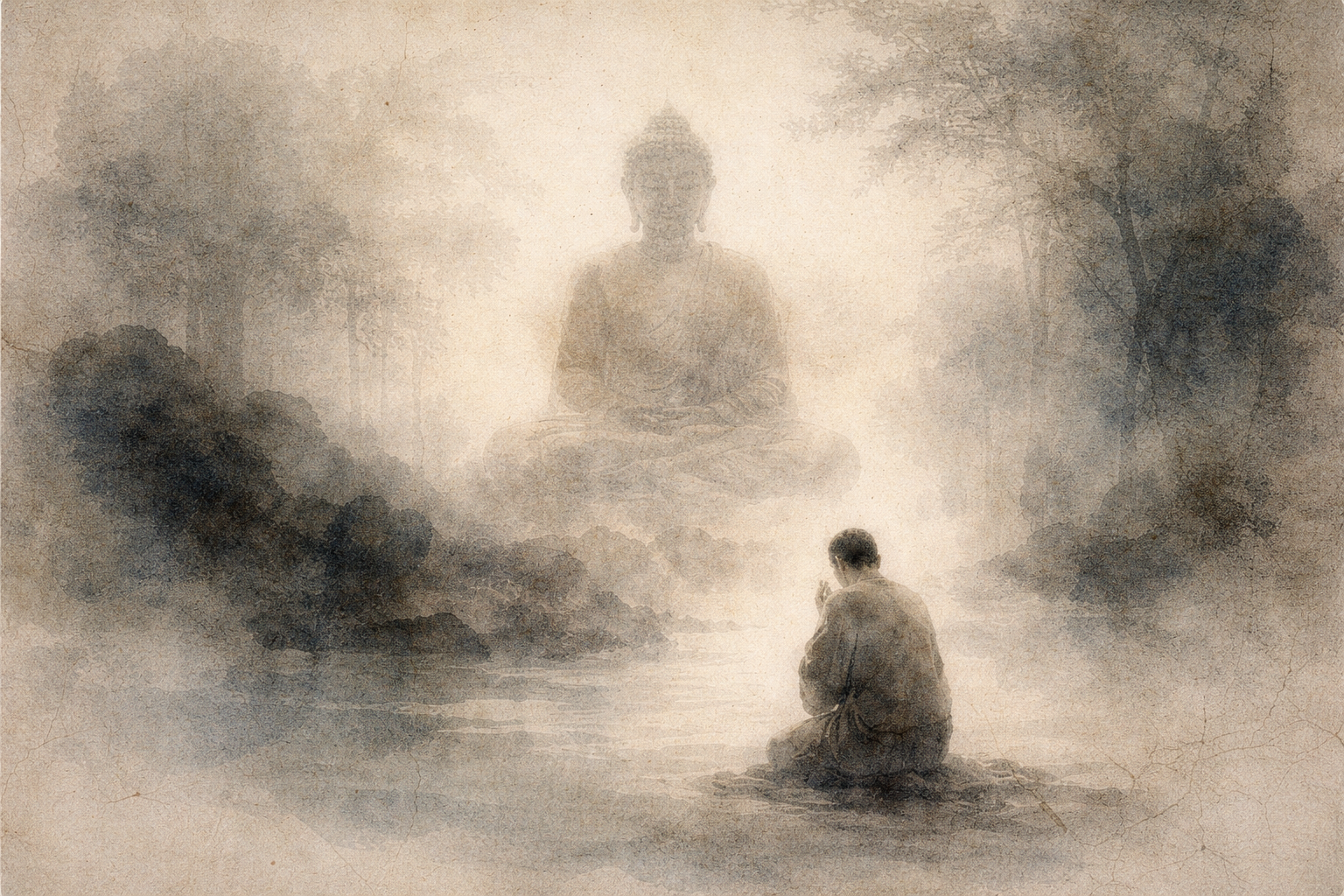 A solitary practitioner kneeling in quiet devotion before a faint, luminous Buddha figure emerging from mist, symbolizing the esoteric and contemplative nature of Shingon Buddhism and the intimate relationship between practitioner and awakened wisdom.