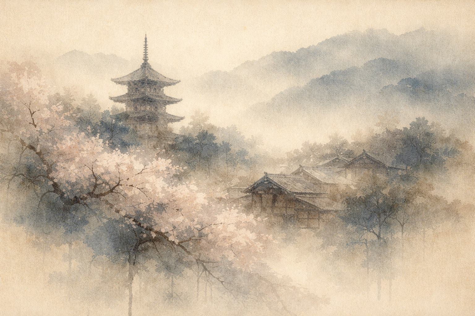 桜が咲く中、霧に包まれた五重塔と寺院建築。日本における仏教の歴史的・文化的発展と、日本仏教独特の雰囲気を象徴している。