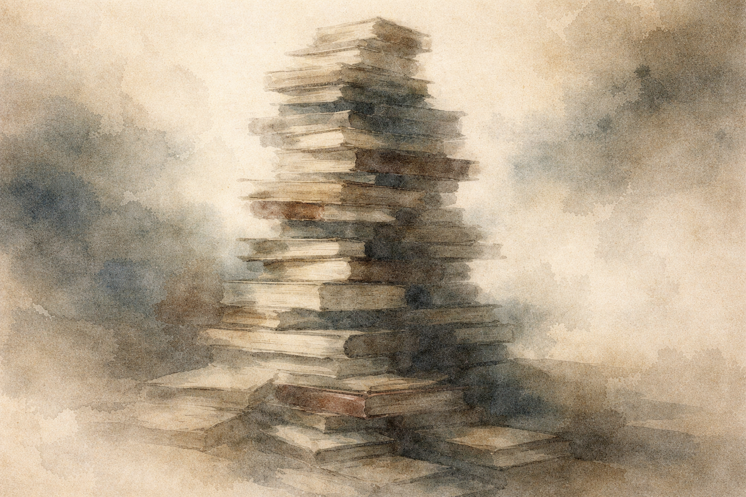 A watercolor-style illustration of a tall, slightly uneven stack of books rising into a soft misty background, symbolizing accumulated wisdom, learning, and the thoughtful guidance that helps support meditation practice.