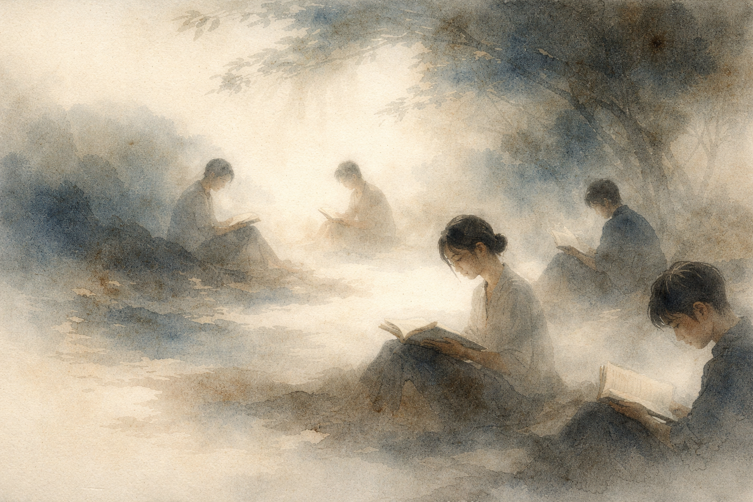Several people quietly reading in a soft, misty setting beneath trees, symbolizing mindful attention and intentional focus, reflecting how mindfulness when using a phone means being aware of how and why we engage with information.
