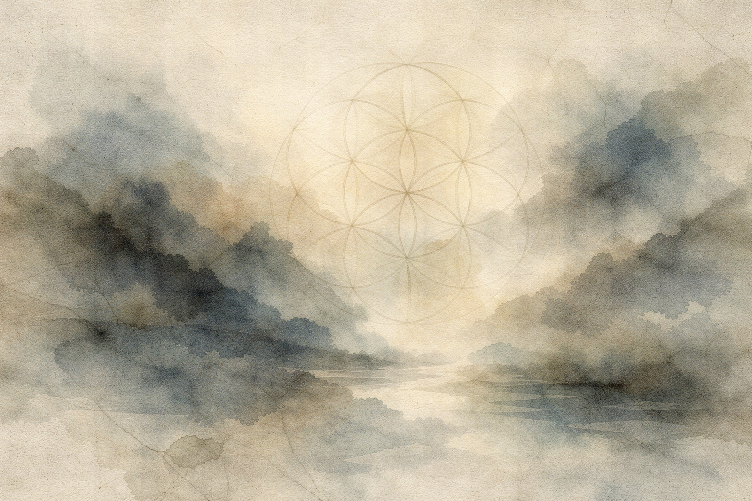 A tranquil mist-covered landscape with distant mountains and a softly glowing geometric pattern symbolizing spiritual harmony, representing the meaning of “Namu Amida Butsu” as entrusting oneself to boundless compassion and wisdom.