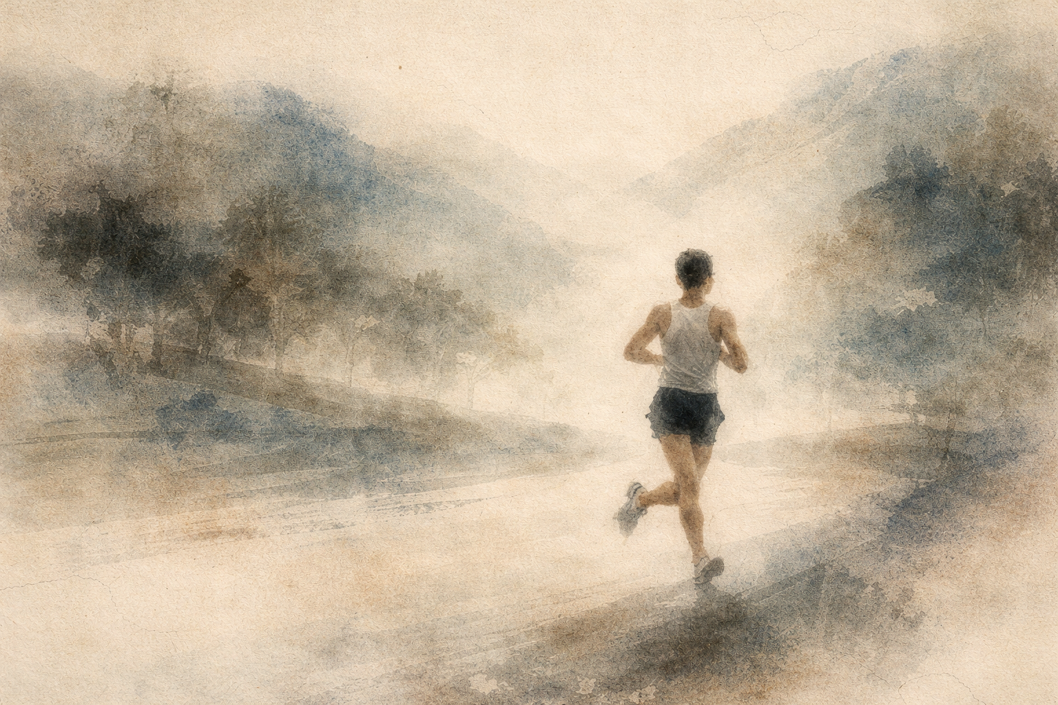 Person running along a quiet misty path, symbolizing the restless mind in motion and the search for clarity when thoughts feel too busy.