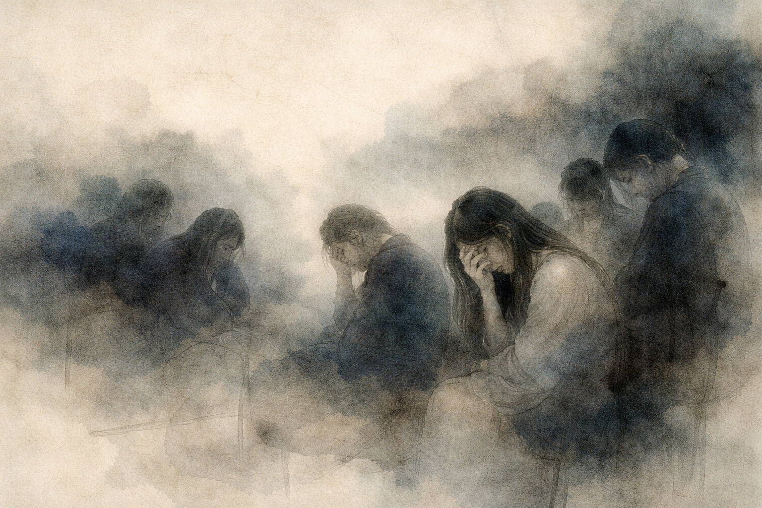 Several people sit quietly with heads bowed in a muted, misty atmosphere—expressing shared sorrow, contemplation, and the heavy stillness of grief that cannot be easily resolved.