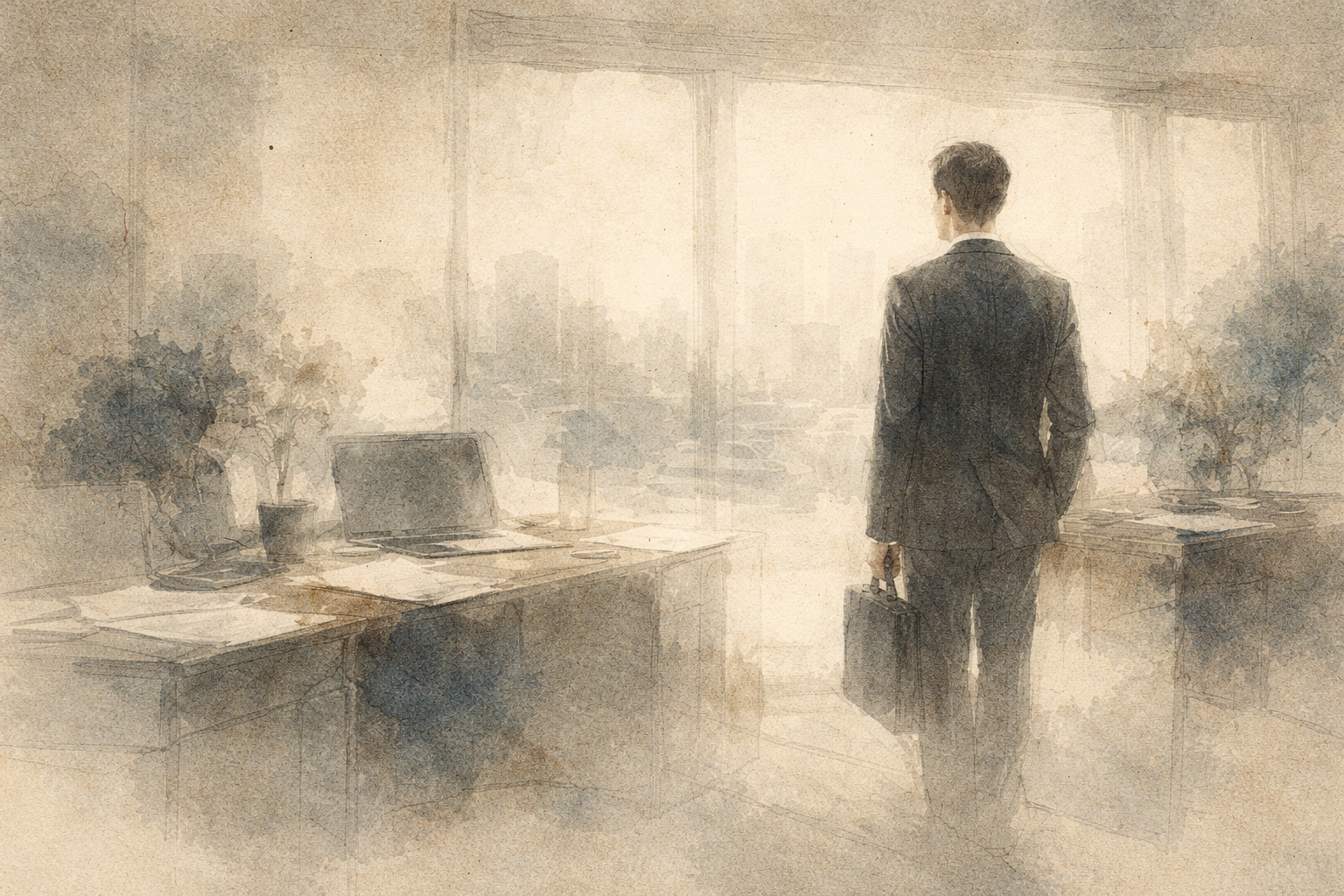 A watercolor-style illustration of a man standing in a quiet office, holding a briefcase and looking out through large windows at the city beyond, symbolizing reflection, pressure, and the inner doubt many parents carry between work and family life.