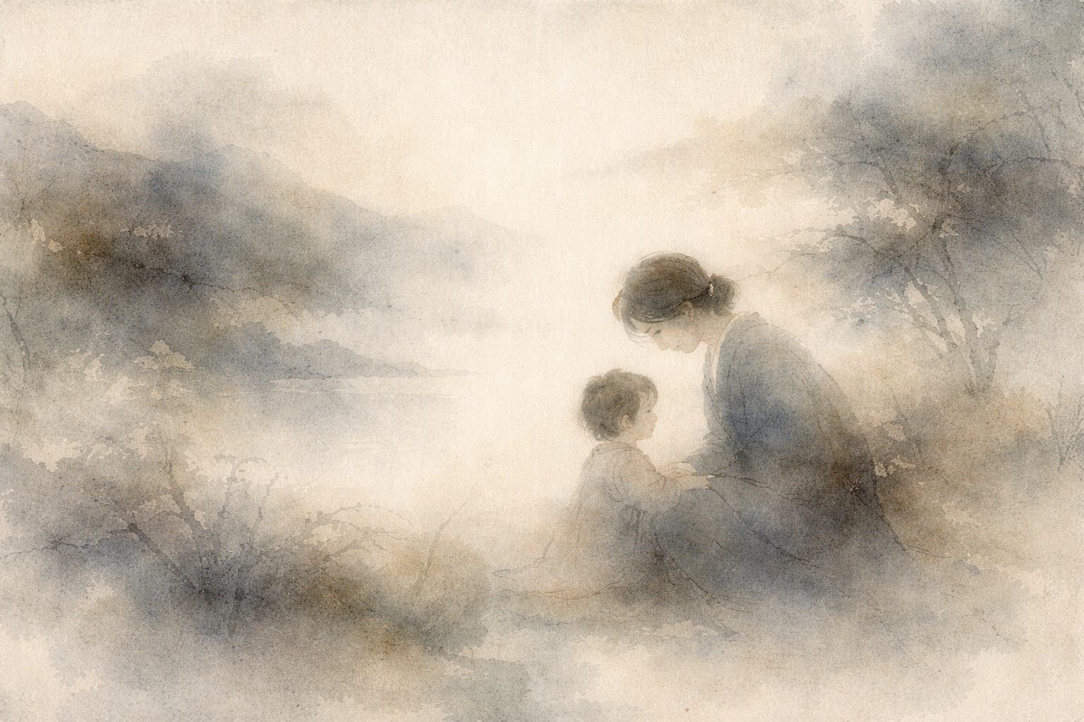 A watercolor-style scene of a parent kneeling and gently holding a child’s hands while speaking softly in a calm, misty natural landscape, symbolizing patient guidance, attentive listening, and compassionate communication.