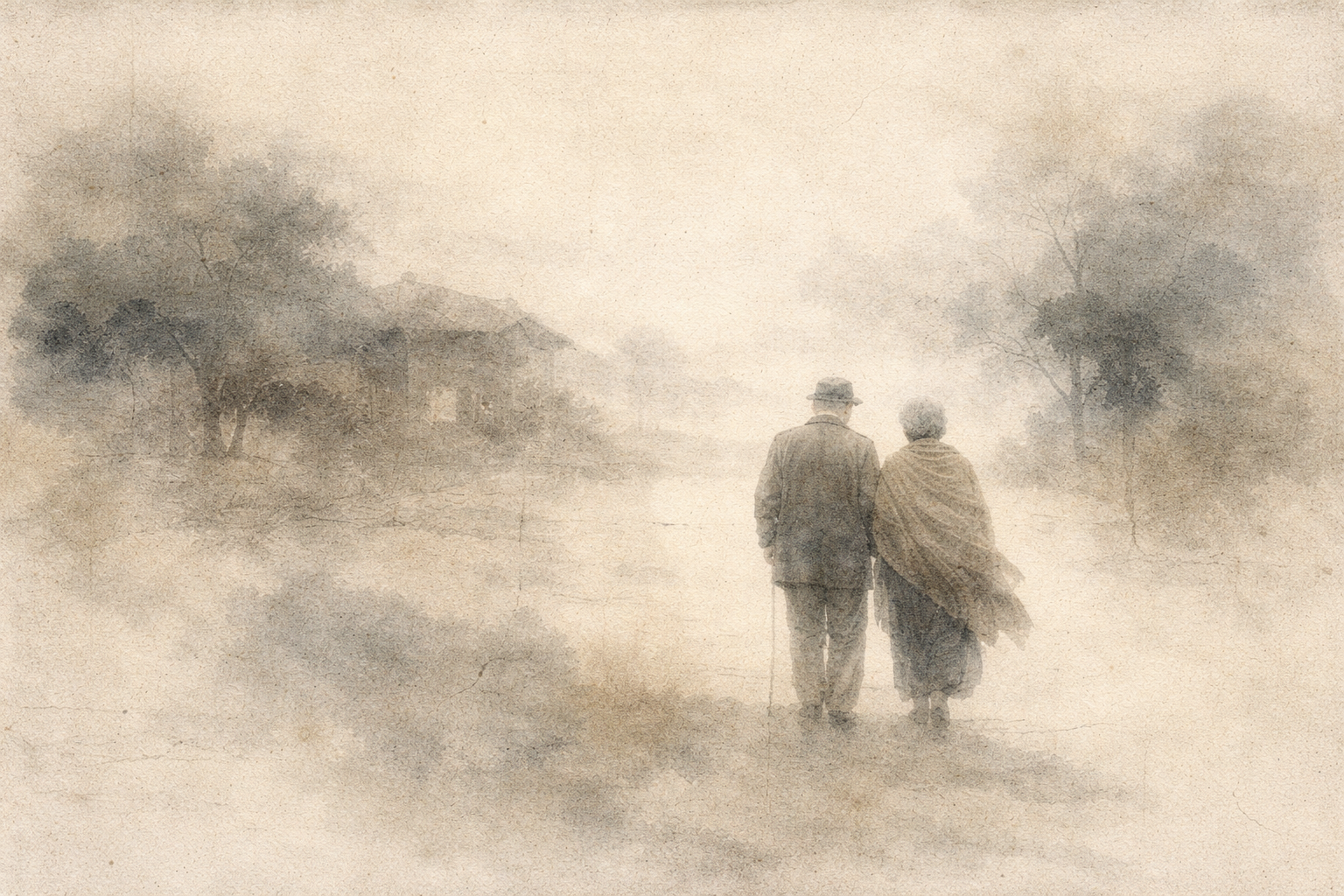An elderly couple walks side by side through a quiet, misty landscape—evoking companionship, impermanence, and the subtle tension between closeness and attachment in relationships.