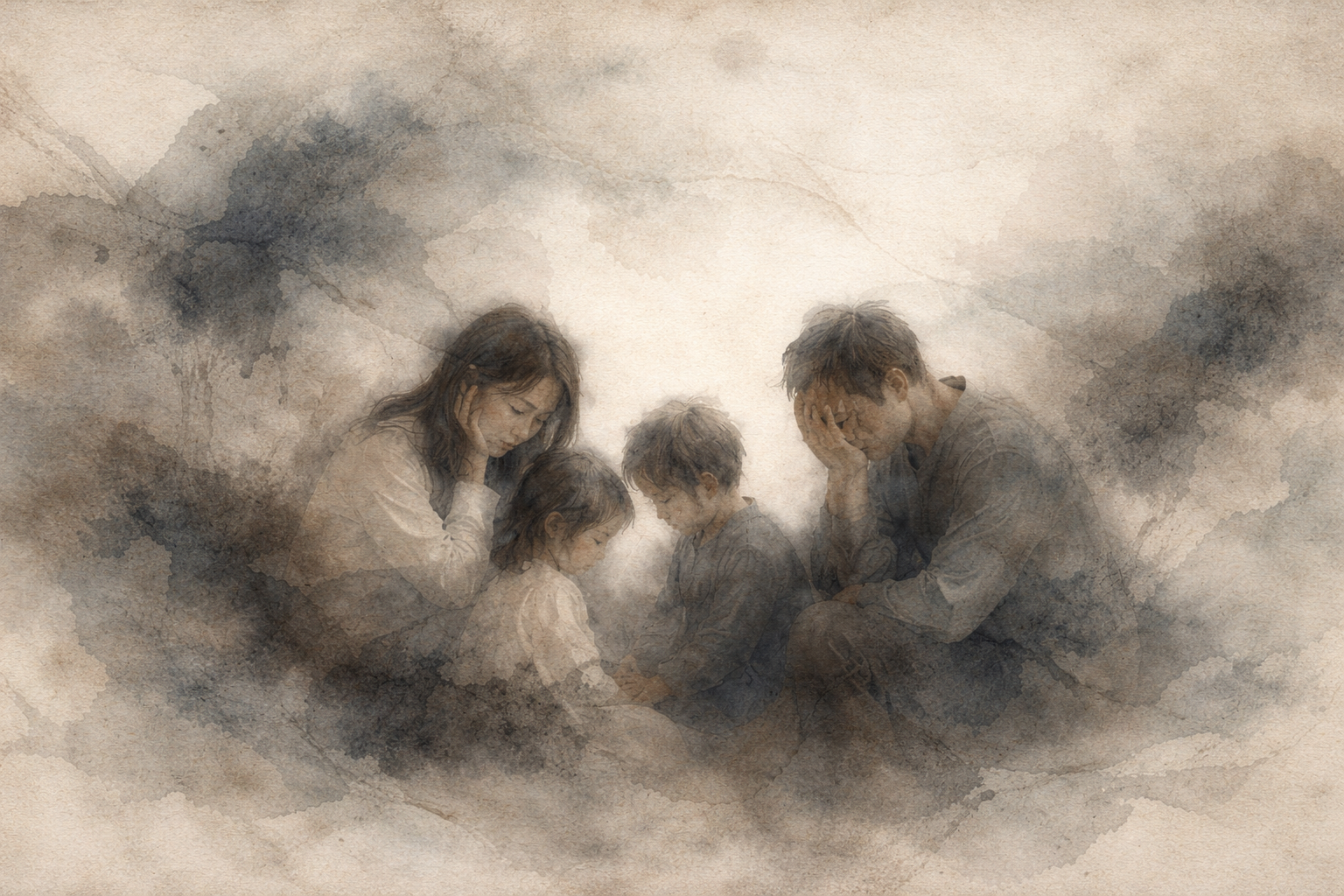 両親と二人の子どもが静かに座り込み、それぞれが顔に手を当てている水彩風のイラスト。疲れや圧倒される気持ち、家庭の中で高まりやすい感情の強さを象徴している。