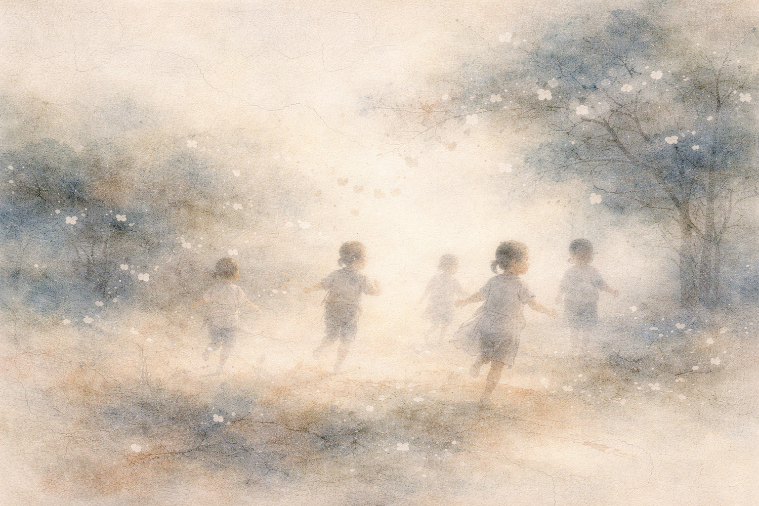 霧のかかった野原で子どもたちが自由に走り回っている様子を描いた、水彩風のやわらかなイラスト。光の中に溶けるような姿が、子どもの純粋さや自由、そして幼い時間のはかなさを象徴している。