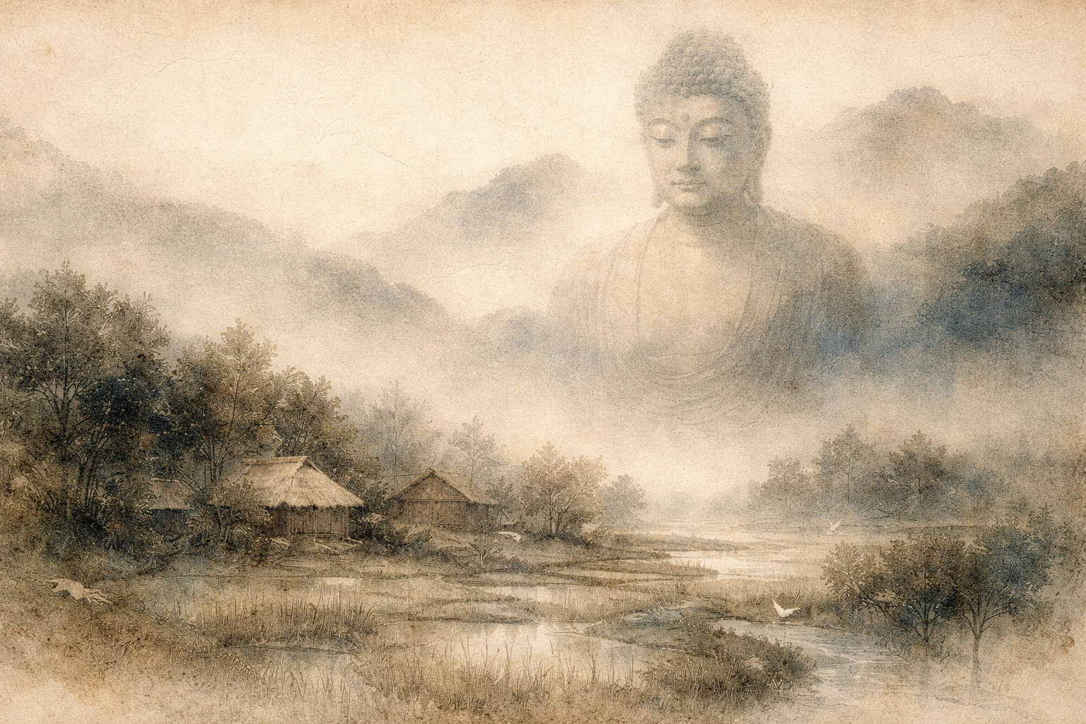 田畑と木々に囲まれた静かな村の風景の上に、霧の中から仏の姿がやさしく現れる水彩風の情景。合掌や礼拝に込められた謙虚さと敬意、そして内面的な意味を象徴している。