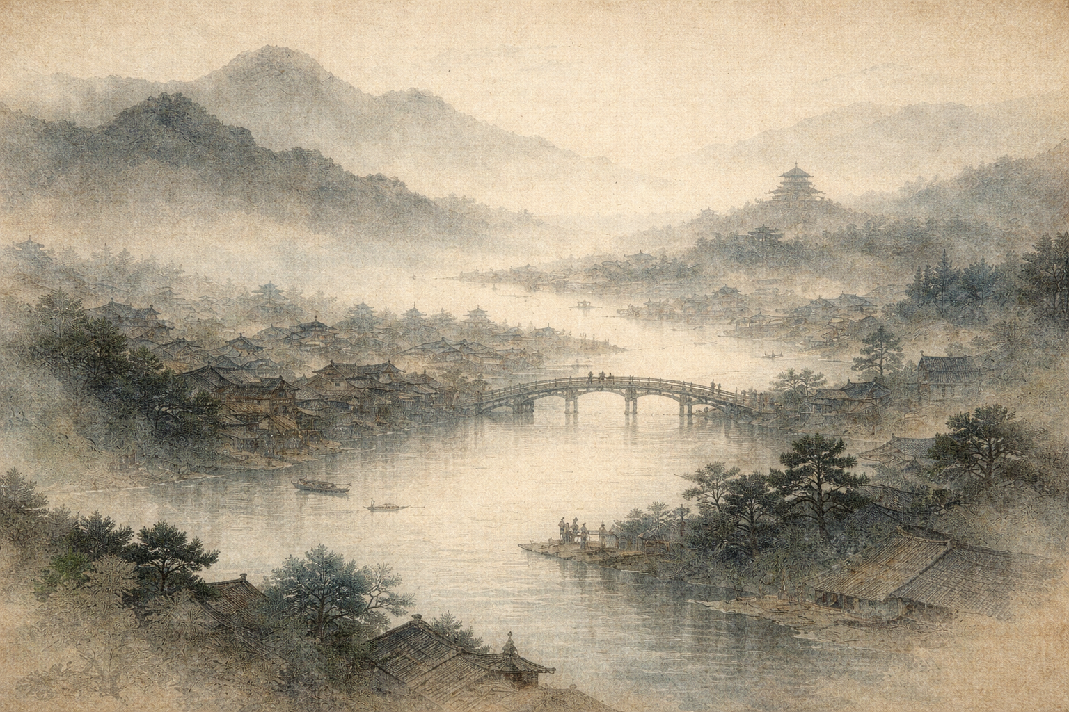 Misty riverside town with traditional bridge and distant pagoda, symbolizing how many causes and conditions come together to shape life beyond individual blame in Buddhist thought.