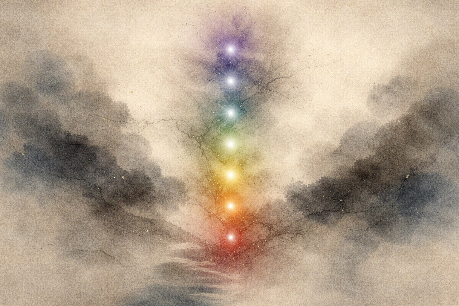 A soft watercolor image of a vertical stream of glowing, multicolored lights rising through misty clouds, symbolizing incense smoke ascending and the purification, intention, and spiritual awakening it represents in Buddhist practice.