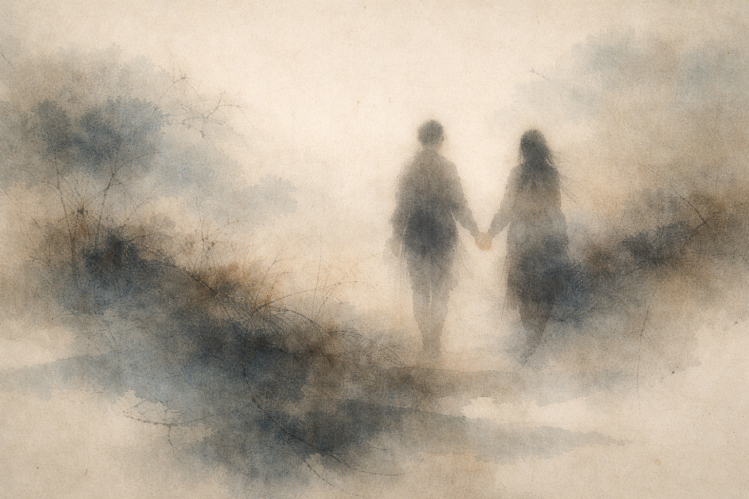 Two figures walking together in a misty ink-style landscape, symbolizing the quiet experience of loneliness even in the presence of others in Buddhist reflection