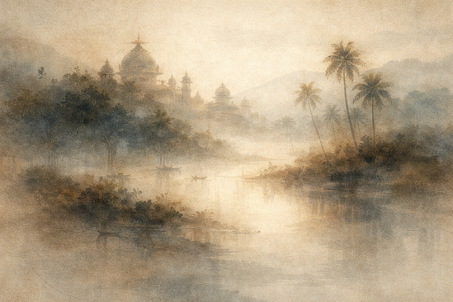 A tranquil watercolor scene of a mist-covered river with small boats drifting quietly, framed by palm trees and distant temple silhouettes, symbolizing how chanting can feel powerful and calming even without understanding the words.
