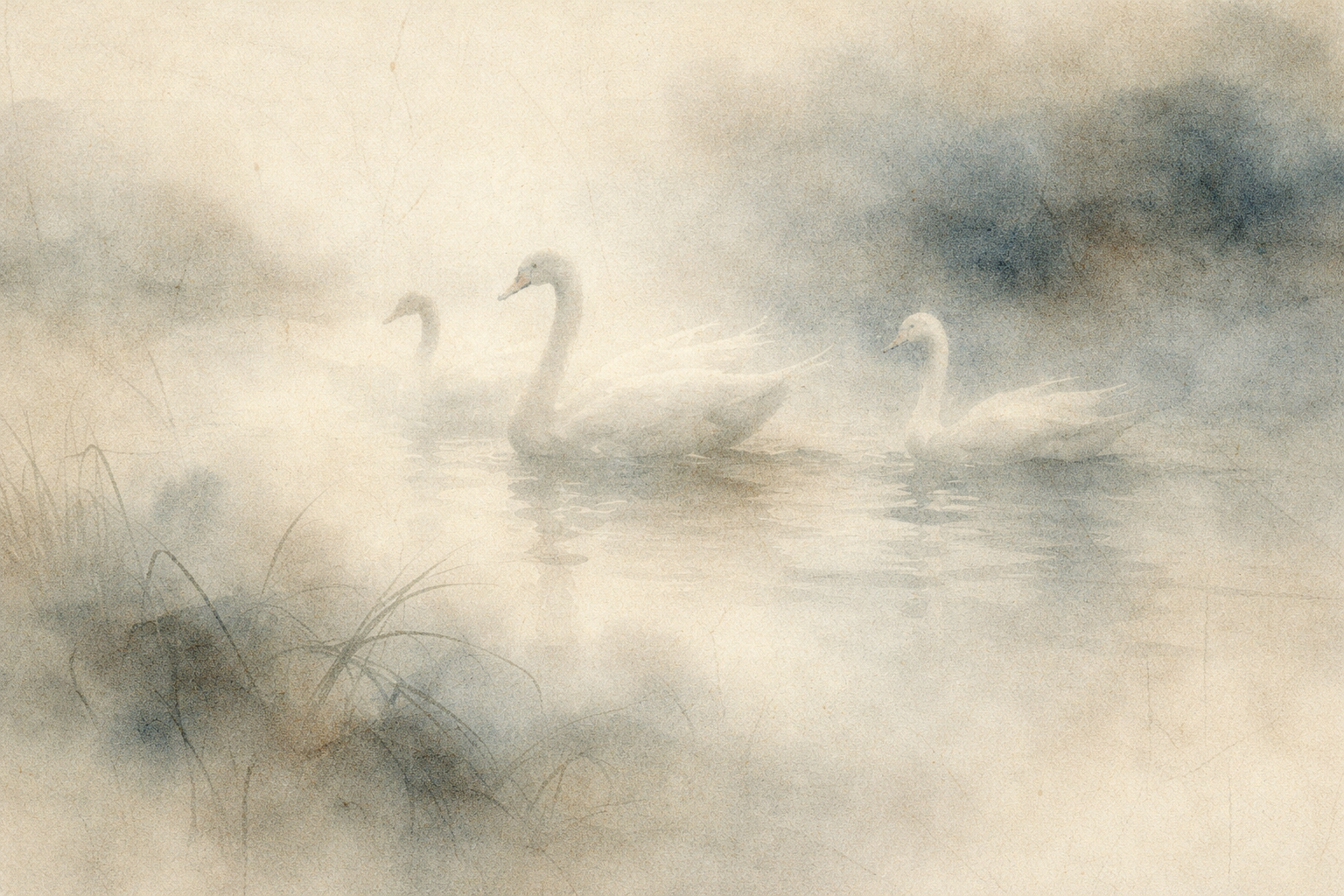 霧に包まれた湖の上を、3羽の白い白鳥が静かに泳ぐ水彩風イラスト。穏やかな葦や霞の中で、それぞれの違いが自然に調和している様子と、比較によってその調和が乱れる苦しみを象徴している。
