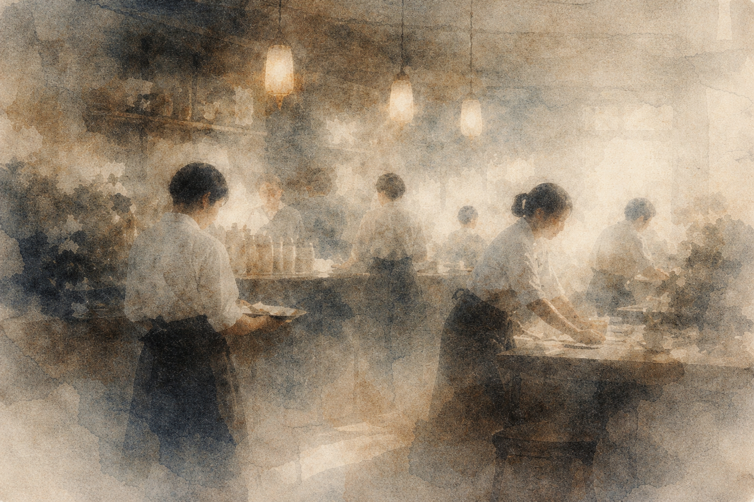A softly blurred workplace scene with multiple people focused on their tasks, each absorbed in their own role—suggesting how comparison quietly arises even in shared environments.