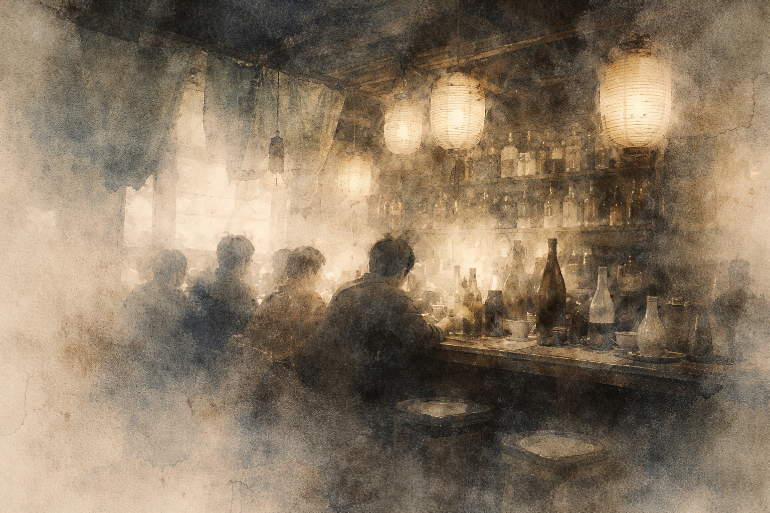 A softly lit interior where people sit closely together at a bar, surrounded by warm lantern light and many bottles, symbolizing how continuous sensory input and social stimulation can keep the mind active and unsettled.
