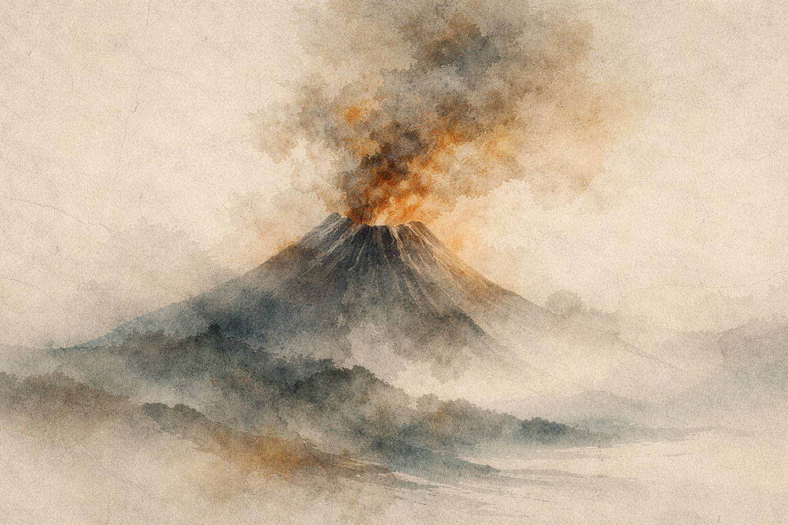 Erupting volcano in a muted ink-style landscape, symbolizing the sudden escalation of conflict and the explosive nature of anger in Buddhist thought