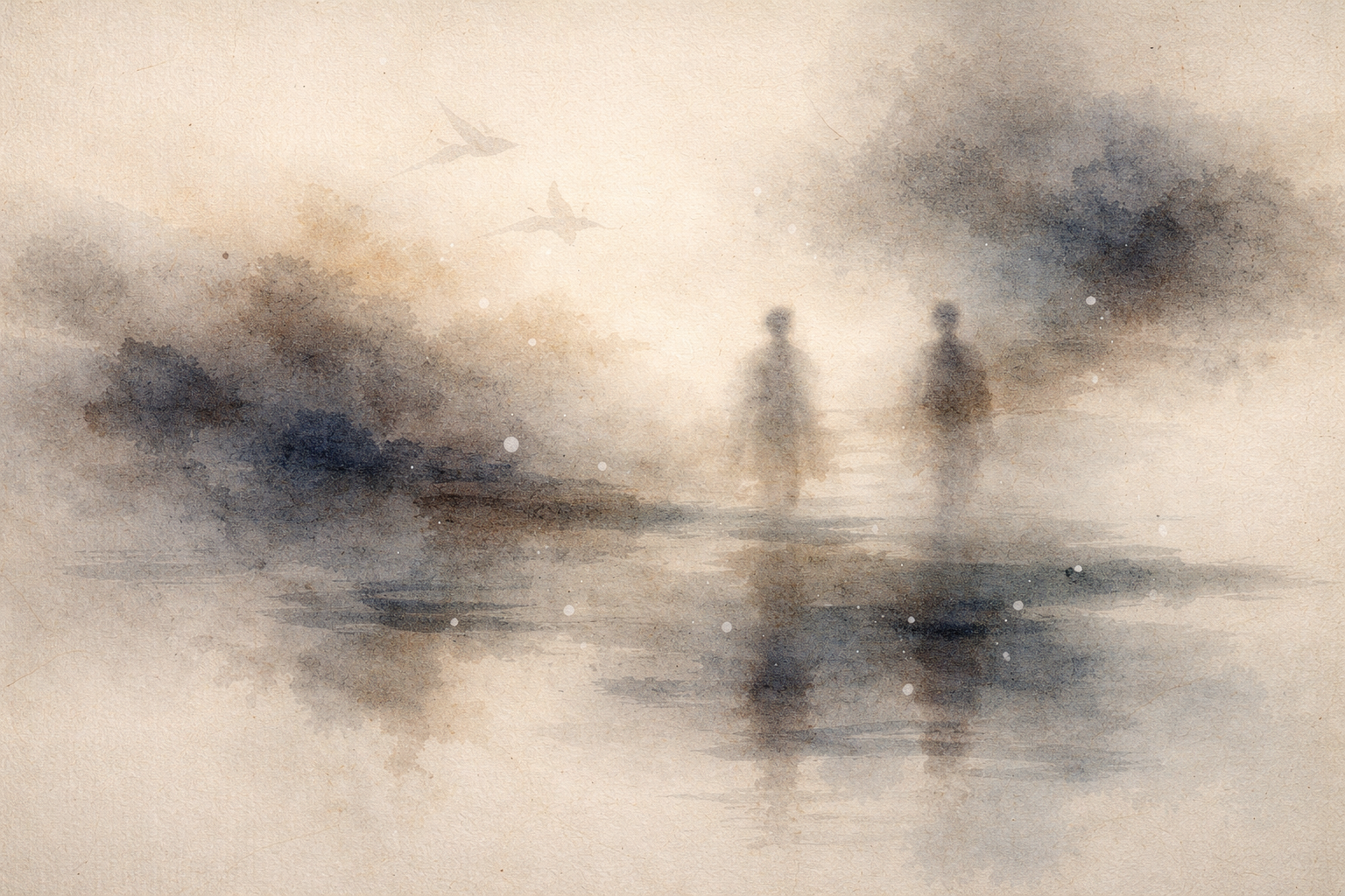 Two distant figures facing each other in a misty ink-style landscape, symbolizing misunderstanding, ego, and the personal weight of disagreement in Buddhist reflection