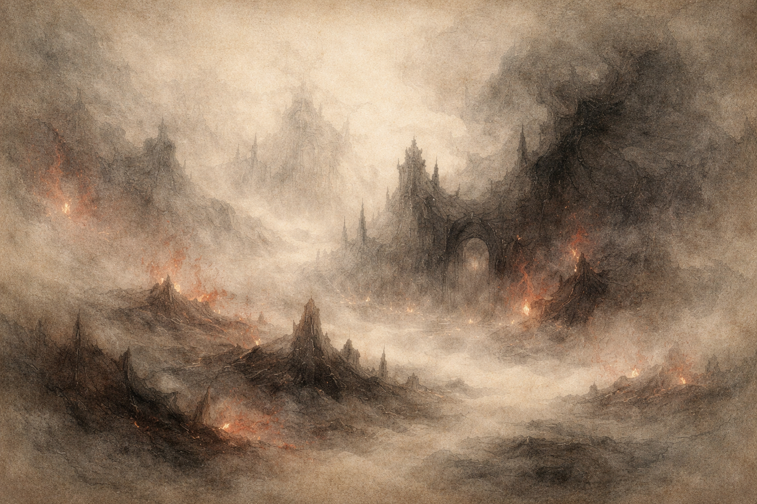 Dark, mist-filled landscape with burning ruins and towering structures in an ink-style illustration, symbolizing the intensity and overwhelming force of emotional triggers in Buddhist reflection