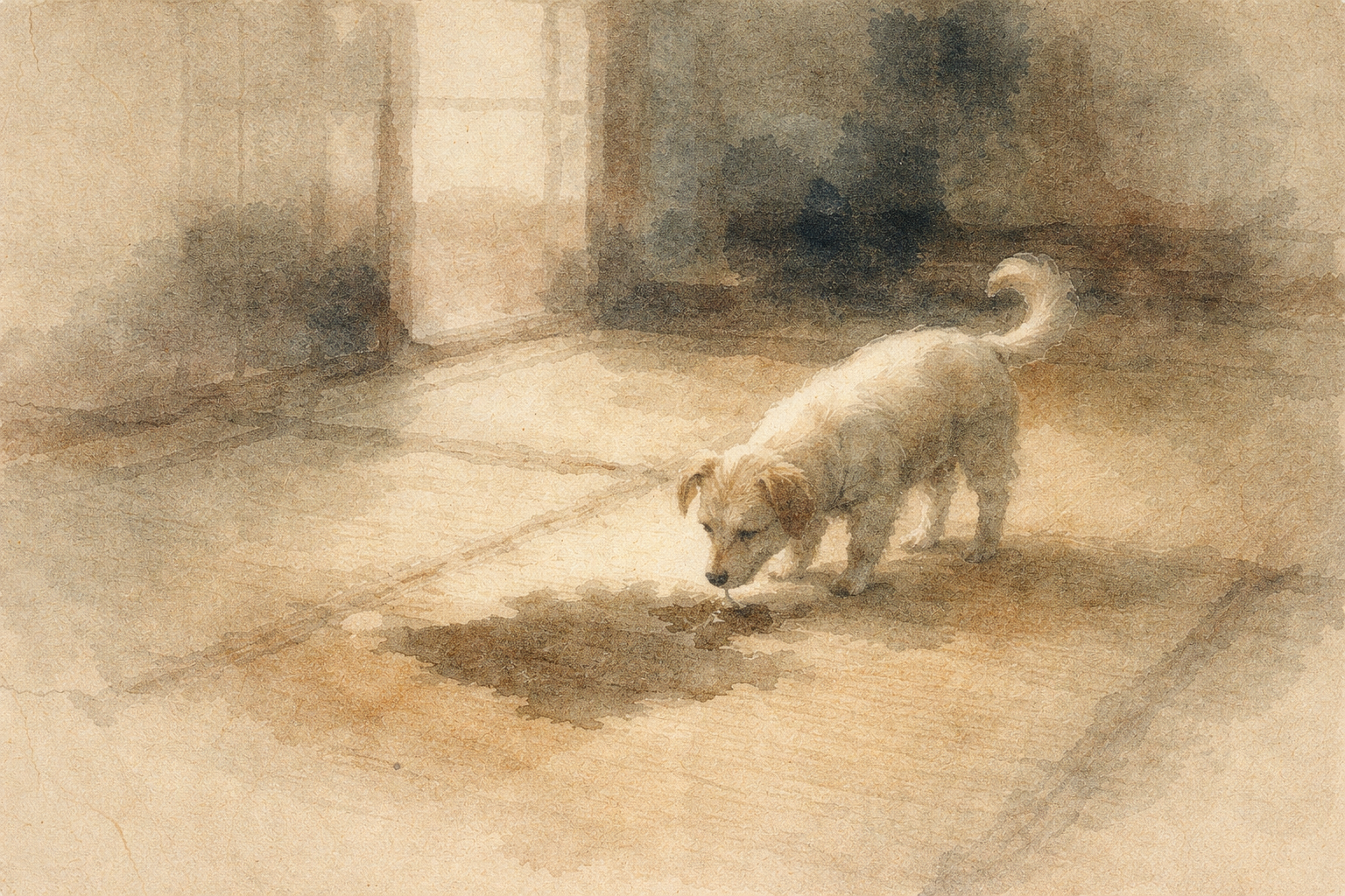 A small dog sniffing the ground in a soft ink-style scene, symbolizing how ordinary situations can trigger disproportionate worry and suffering in Buddhist reflection