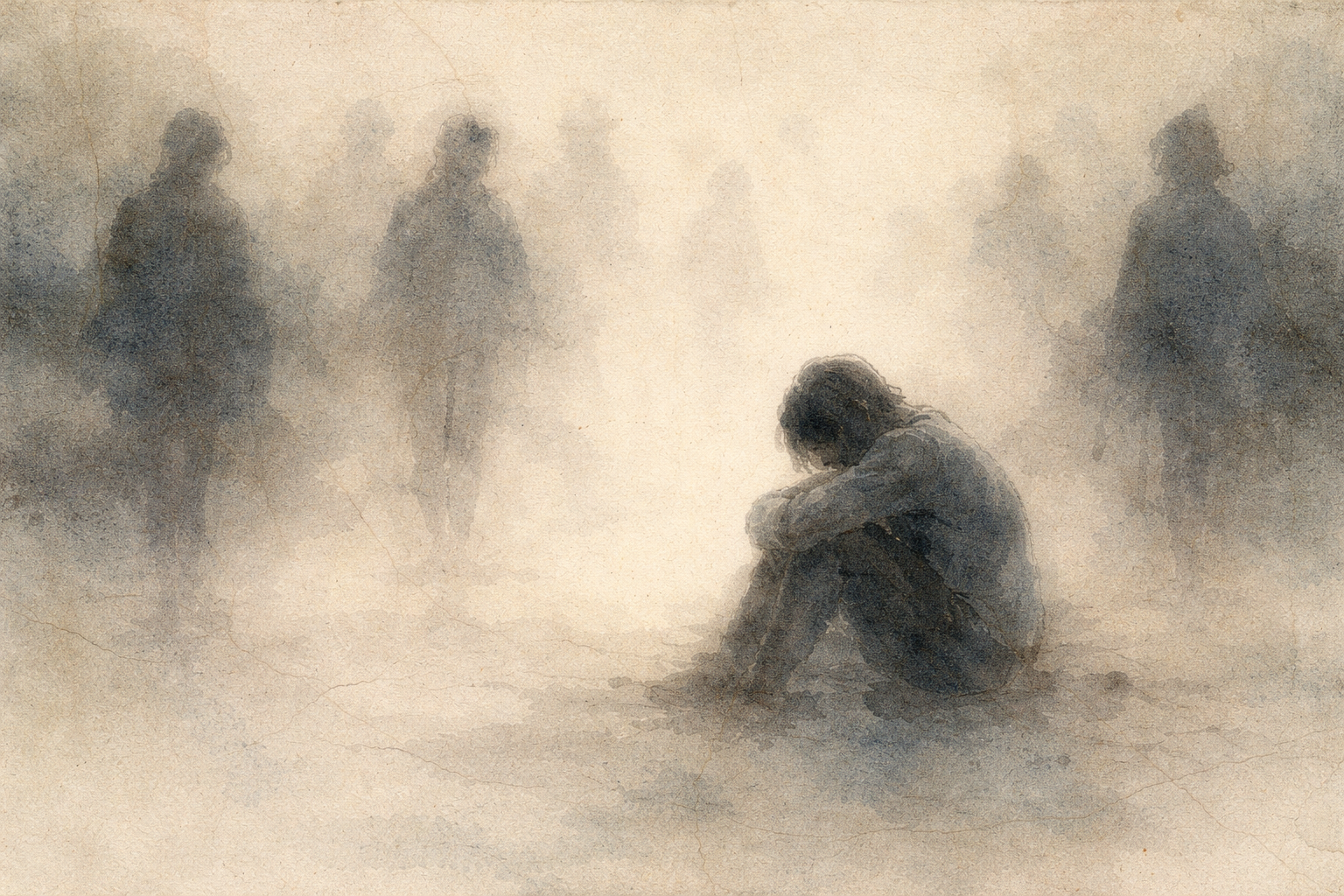 Person sitting alone in a misty scene with blurred figures in the background, symbolizing expectations, comparison, and the frustration that arises from attachment in Buddhist thought