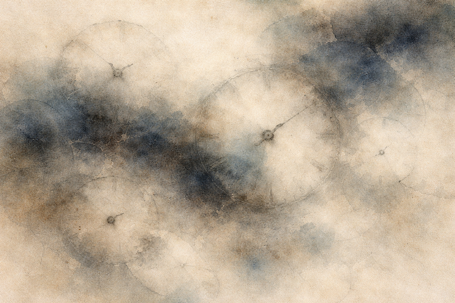 Faint clock faces drifting through mist in an ink-style composition, symbolizing how memories from the past continue to influence the present mind in Buddhist reflection