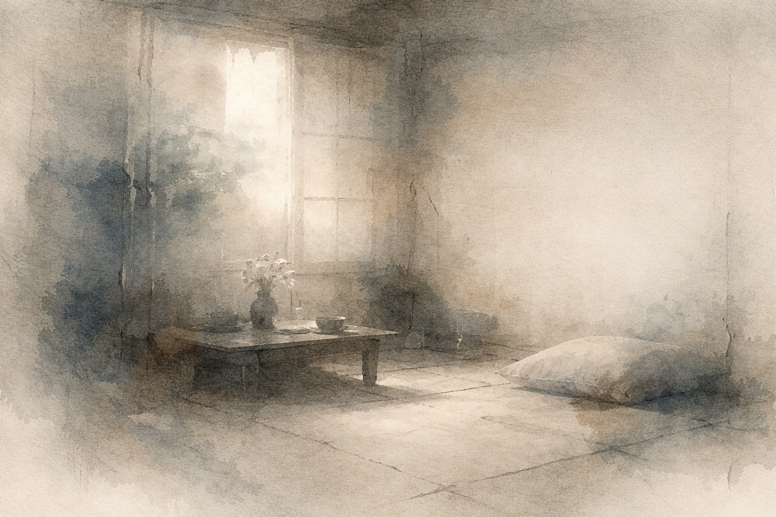 A simple, quiet interior with soft light entering through a window, a low table, and a single cushion, symbolizing how small disturbances can feel amplified in the stillness of the mind, and how Buddhist insight invites gentle awareness of subtle reactions.
