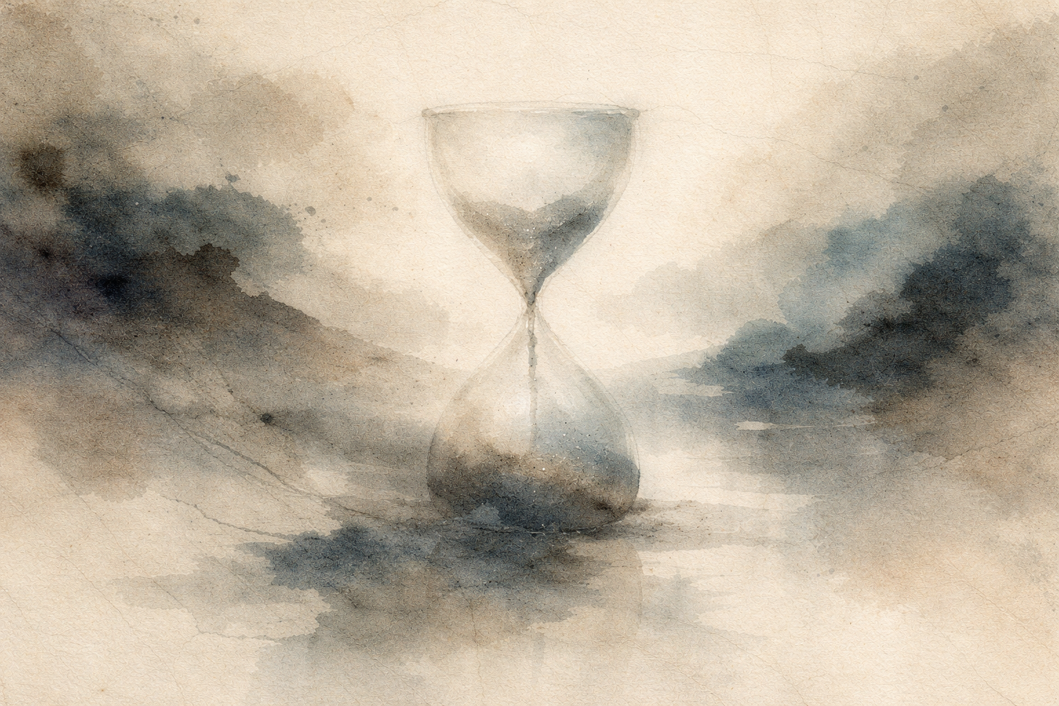 Hourglass in a muted ink-style landscape, symbolizing the passage of time, pressure, and the tendency to assign blame in response to stress in Buddhist thought