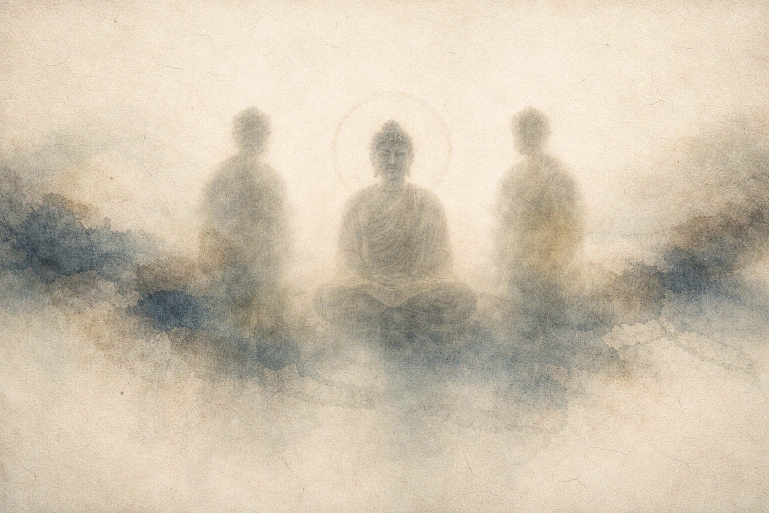 Three softly fading human figures surrounding a calm Buddha form in mist, symbolizing the tendency to compare oneself with others, and the Buddhist teaching that peace arises when identity is not measured against external standards.