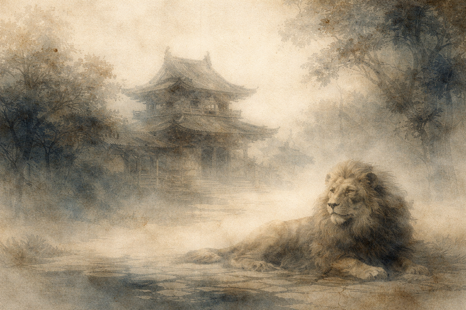 霧に包まれた寺院の前で静かに横たわるライオンを描いた水墨画風の風景。仏教における信念や自我、意見への執着を象徴している