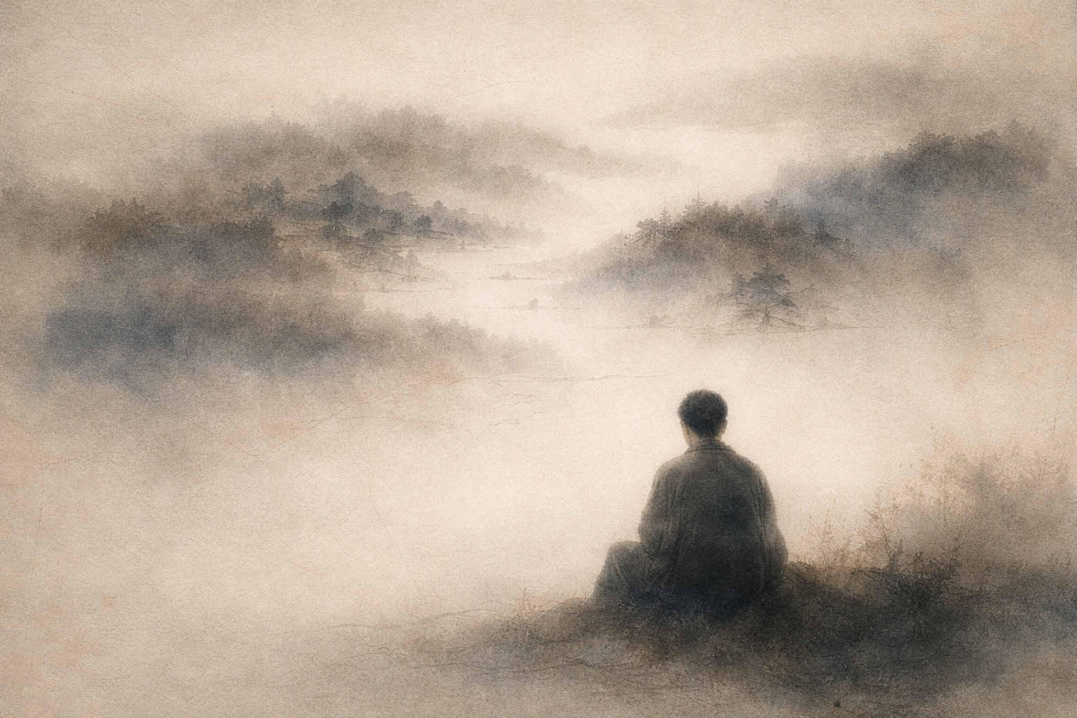 霧に包まれた風景の中で静かに座る一人の人物。仏教的な内省における、無視されることへの不安や承認を求める心を象徴している